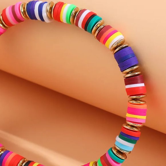 Colorful Soft Clay Discs & Gold Beaded Bracelet NEW - Picture 7 of 9